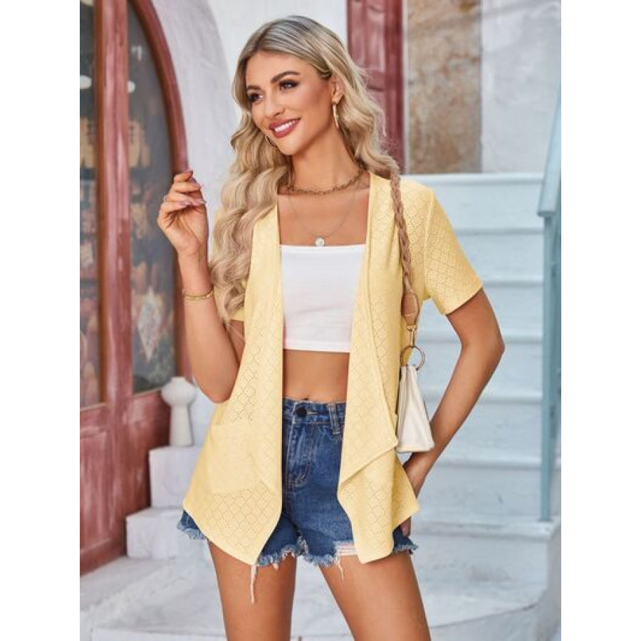 Eyelet Open Front Short Sleeve Cover Up Butter Yellow / S Apparel and Accessories