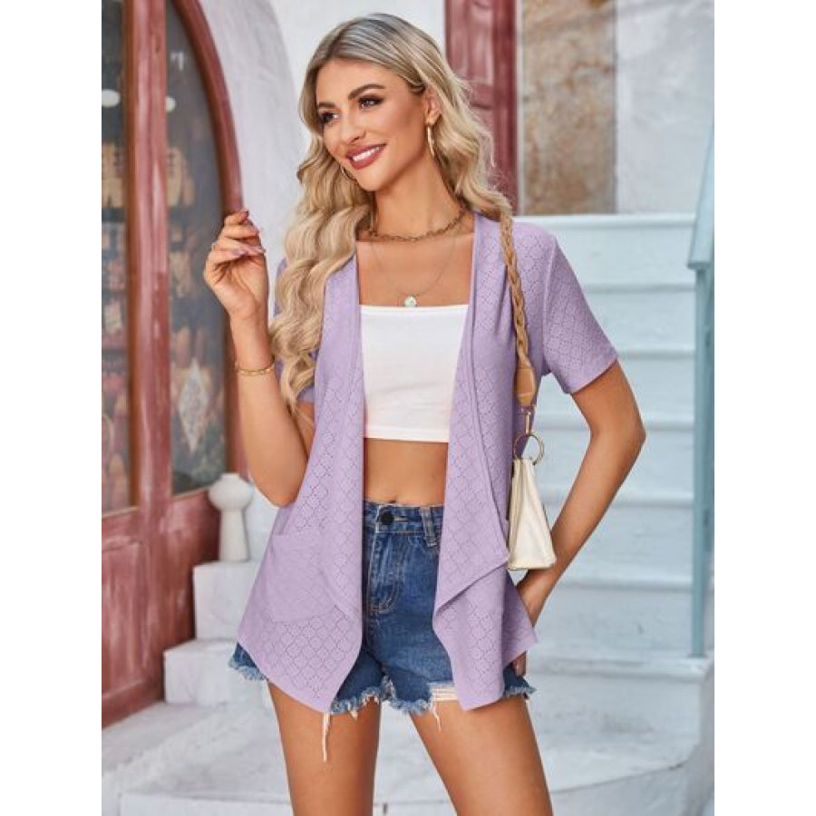 Eyelet Open Front Short Sleeve Cover Up Lavender / S Apparel and Accessories