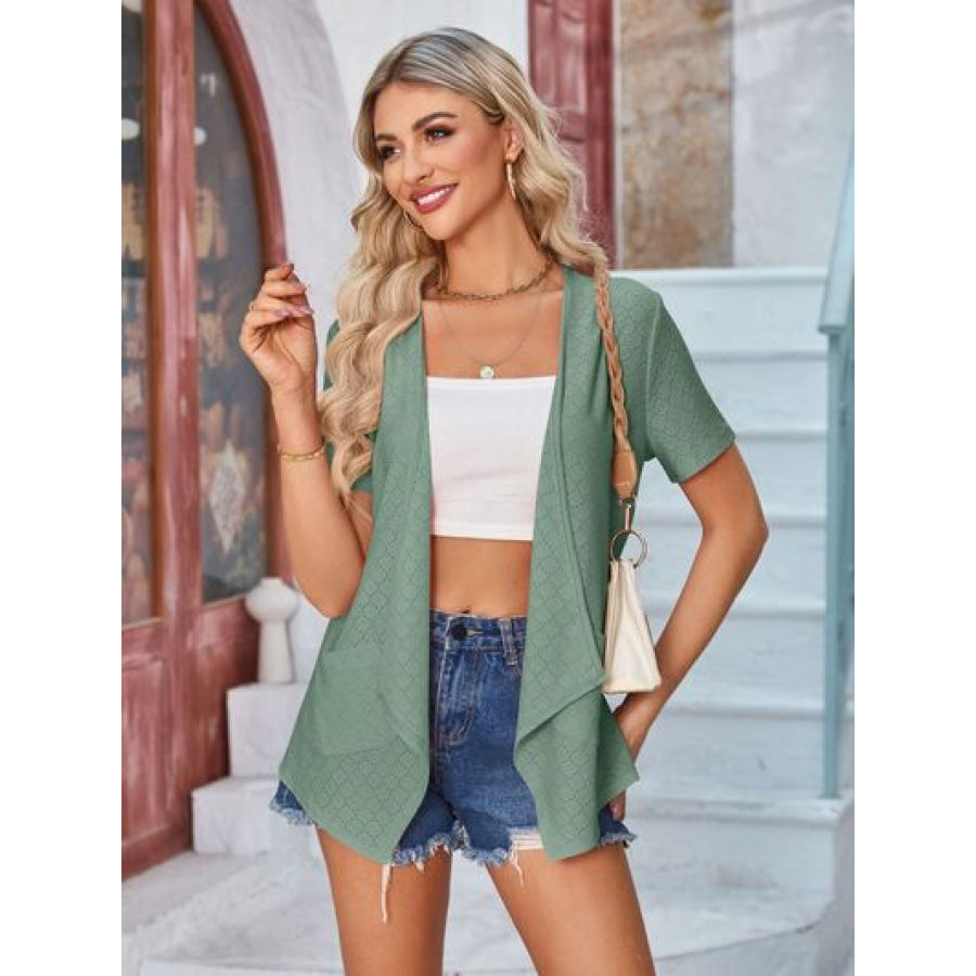 Eyelet Open Front Short Sleeve Cover Up Sage / S Apparel and Accessories