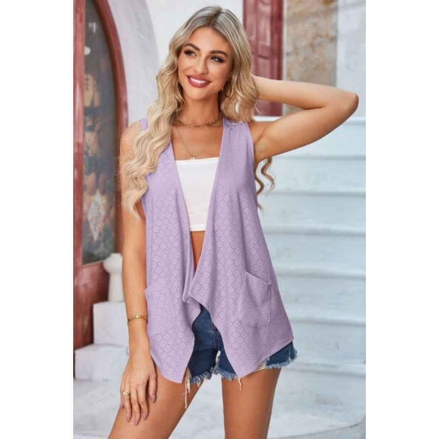 Eyelet Open Front Sleeveless Cardigan Apparel and Accessories