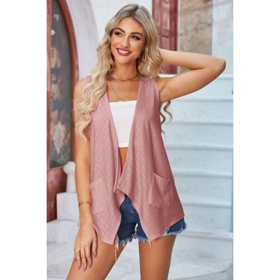 Eyelet Open Front Sleeveless Cardigan Apparel and Accessories