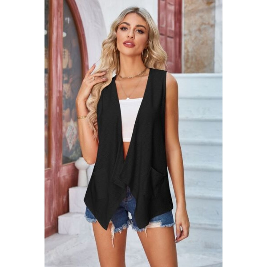 Eyelet Open Front Sleeveless Cardigan Black / S Apparel and Accessories