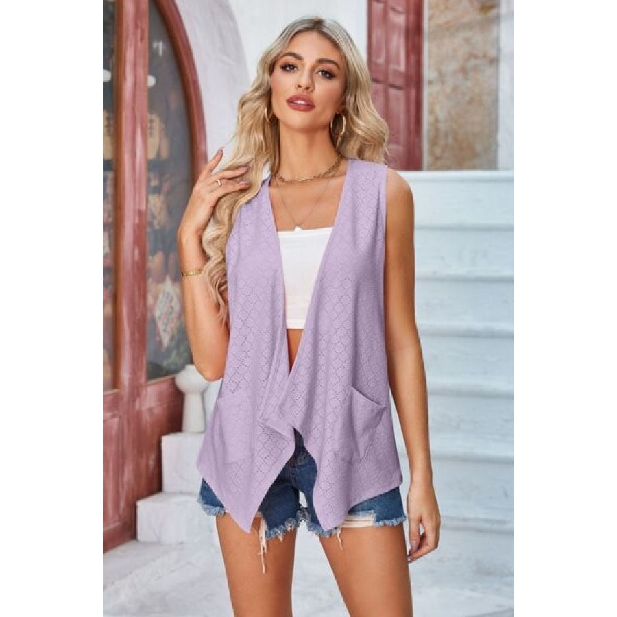 Eyelet Open Front Sleeveless Cardigan Lilac / S Apparel and Accessories