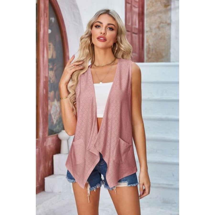 Eyelet Open Front Sleeveless Cardigan Moonlit Mauve / S Apparel and Accessories