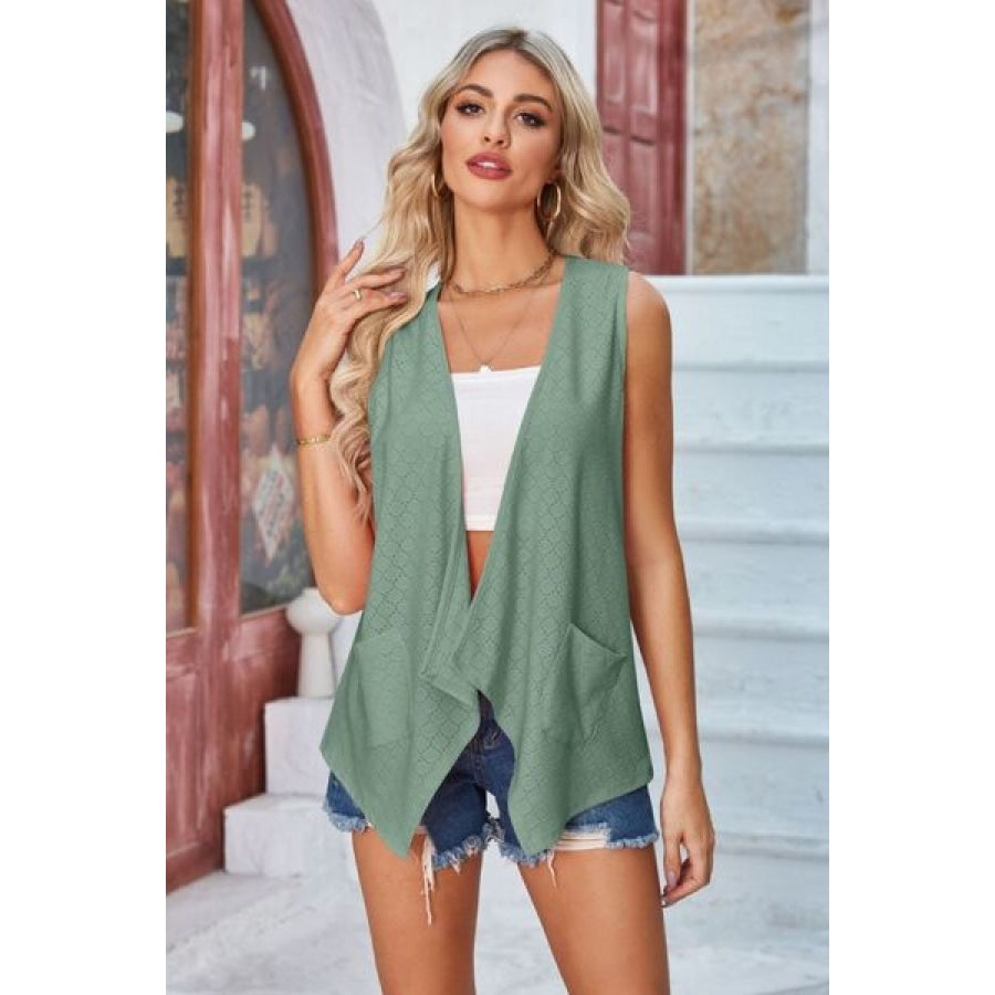 Eyelet Open Front Sleeveless Cardigan Sage / S Apparel and Accessories