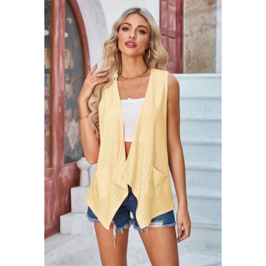 Eyelet Open Front Sleeveless Cardigan True Yellow / S Apparel and Accessories