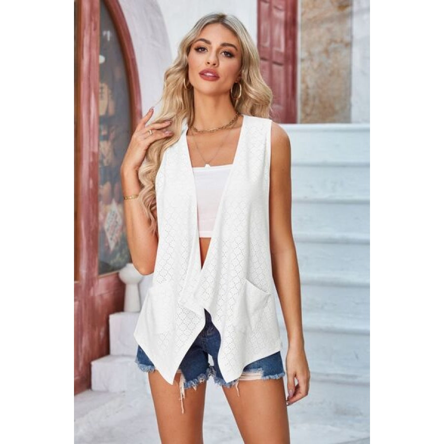 Eyelet Open Front Sleeveless Cardigan White / S Apparel and Accessories