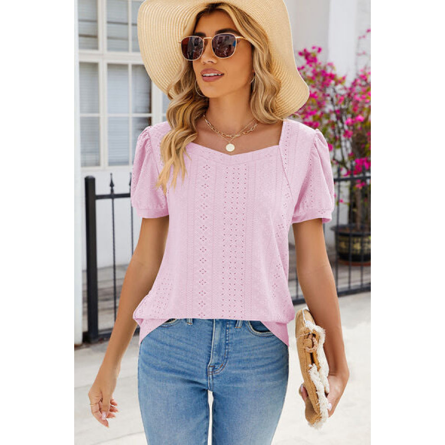 Eyelet Puff Sleeve T - Shirt Blush Pink / S Apparel and Accessories