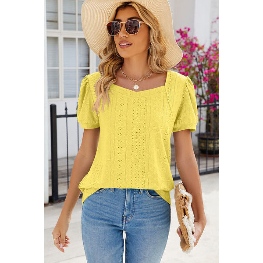 Eyelet Puff Sleeve T - Shirt Canary Yellow / S Apparel and Accessories