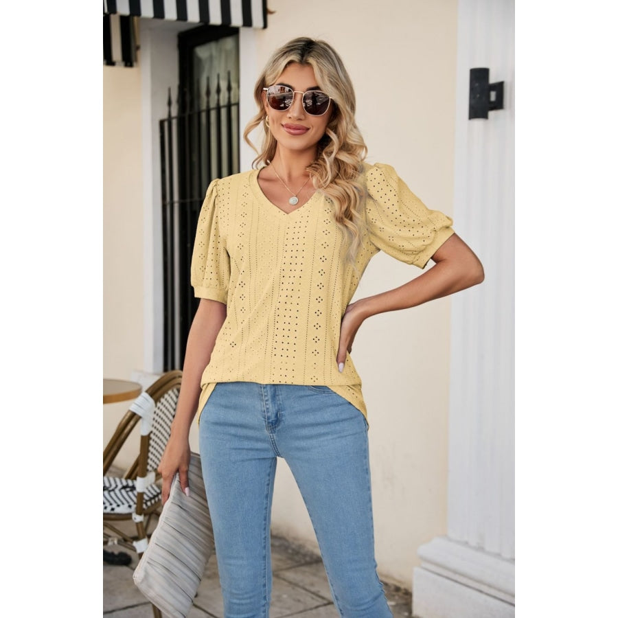 Eyelet Puff Sleeve V-Neck Top Banana Yellow / S