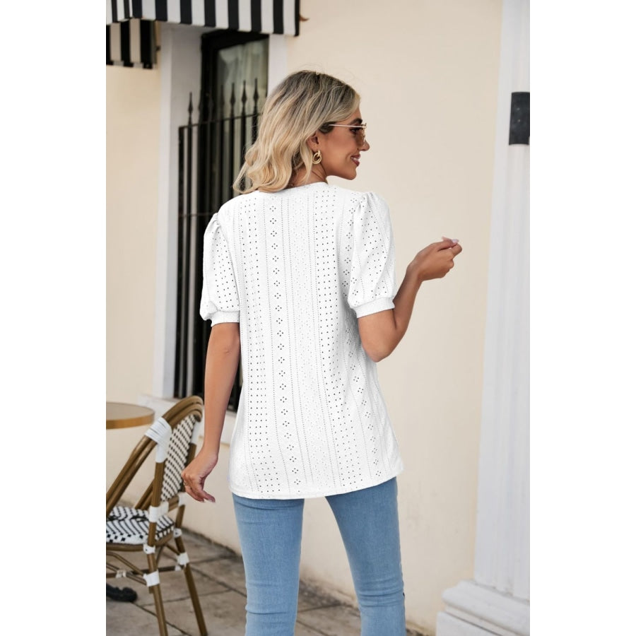 Eyelet Puff Sleeve V-Neck Top