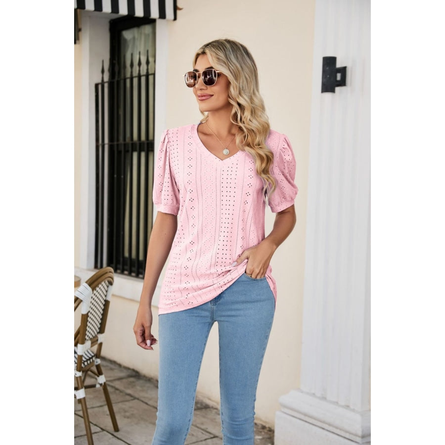 Eyelet Puff Sleeve V-Neck Top