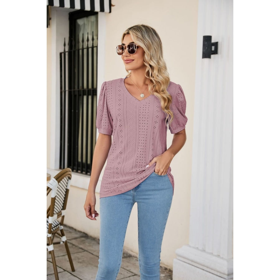 Eyelet Puff Sleeve V-Neck Top