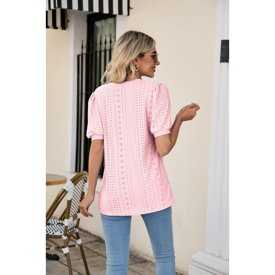 Eyelet Puff Sleeve V-Neck Top