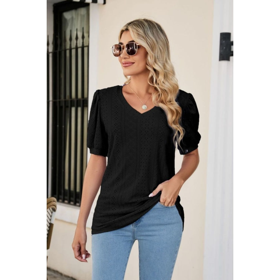 Eyelet Puff Sleeve V-Neck Top