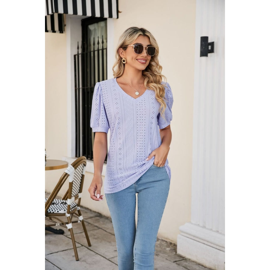 Eyelet Puff Sleeve V-Neck Top