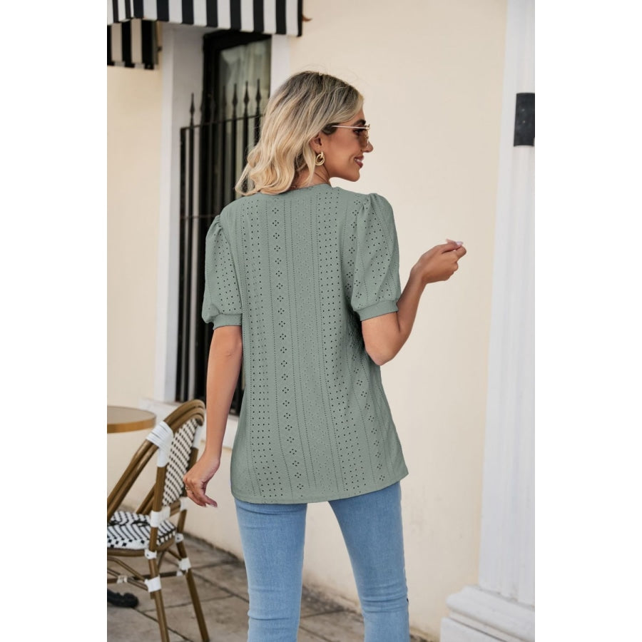 Eyelet Puff Sleeve V-Neck Top