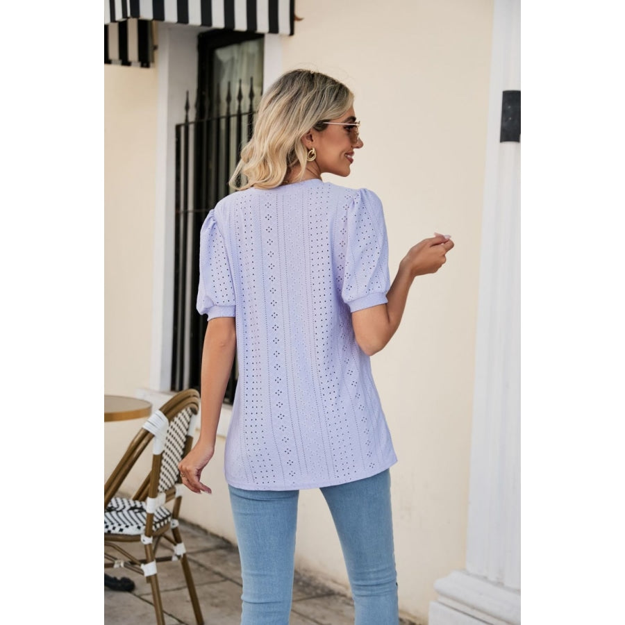 Eyelet Puff Sleeve V-Neck Top