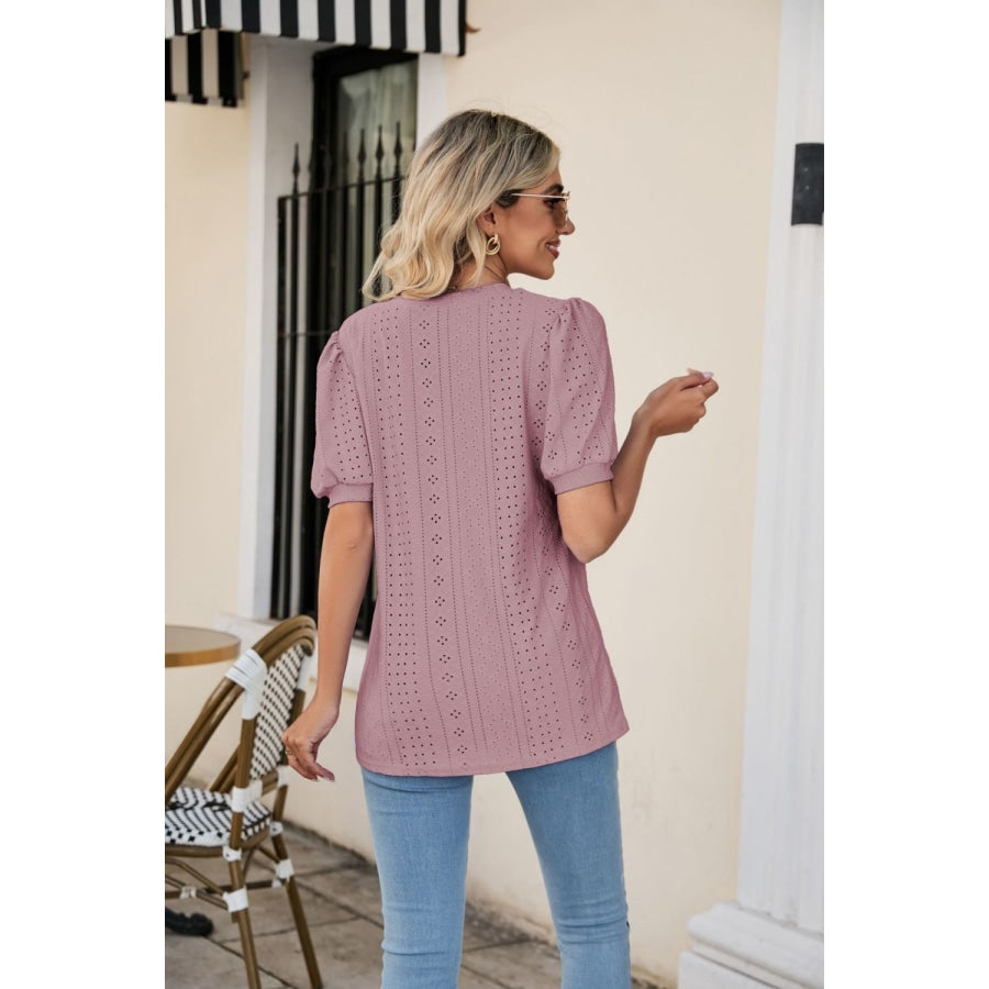 Eyelet Puff Sleeve V-Neck Top