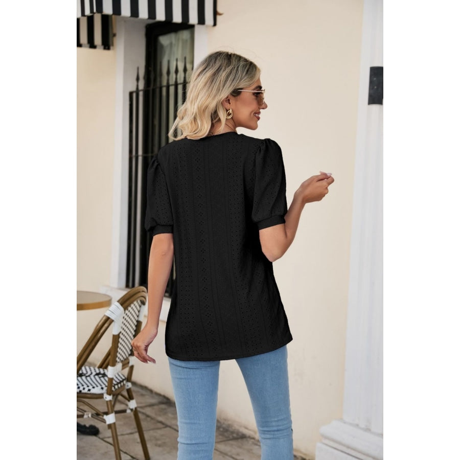 Eyelet Puff Sleeve V-Neck Top