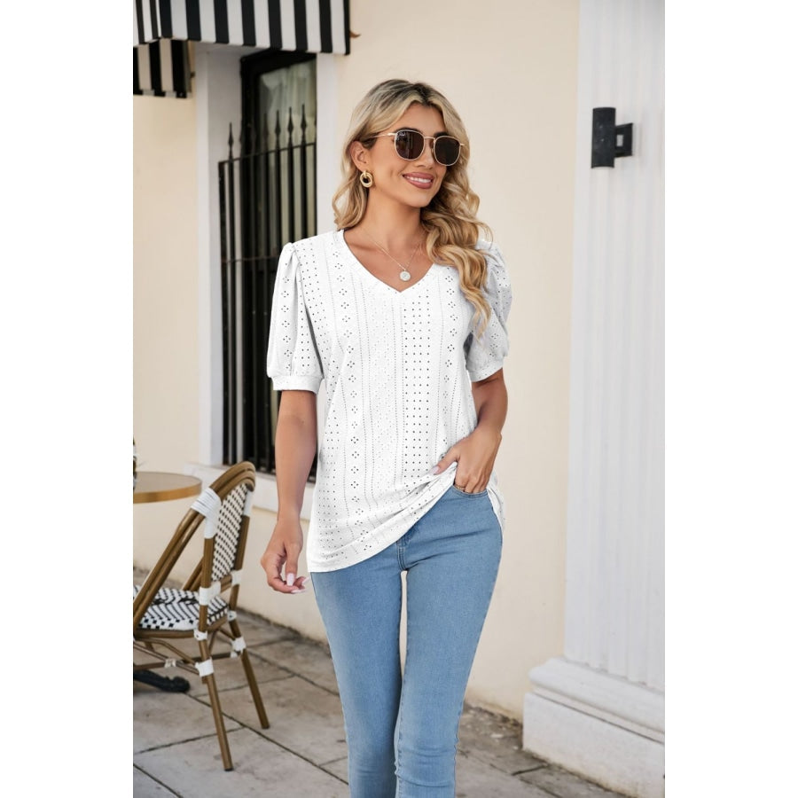 Eyelet Puff Sleeve V-Neck Top