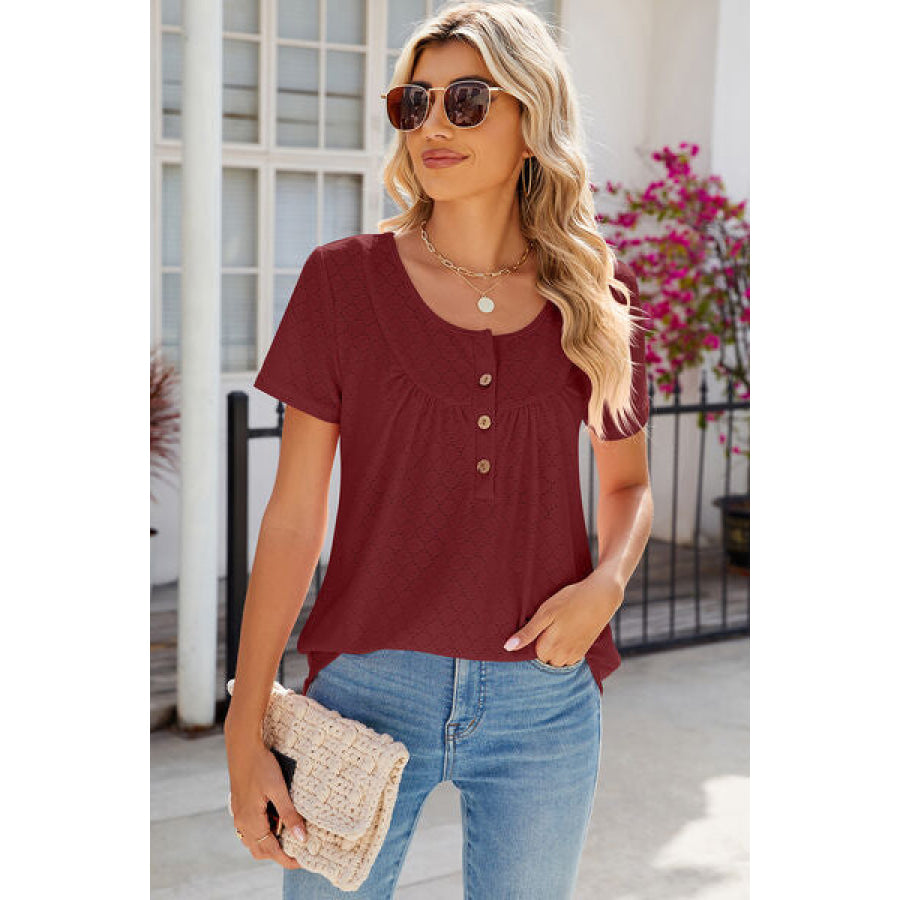 Eyelet Quarter Button Short Sleeve T - Shirt Apparel and Accessories