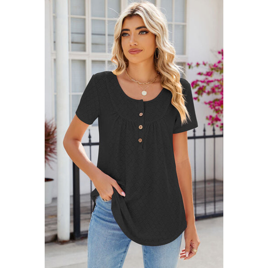 Eyelet Quarter Button Short Sleeve T - Shirt Apparel and Accessories
