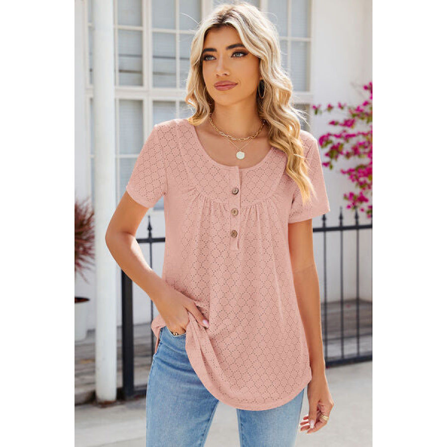 Eyelet Quarter Button Short Sleeve T - Shirt Apparel and Accessories
