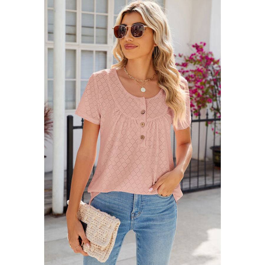 Eyelet Quarter Button Short Sleeve T - Shirt Apparel and Accessories