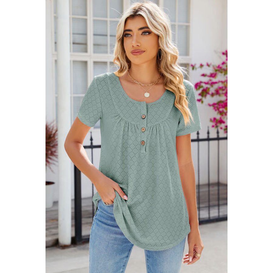 Eyelet Quarter Button Short Sleeve T - Shirt Apparel and Accessories
