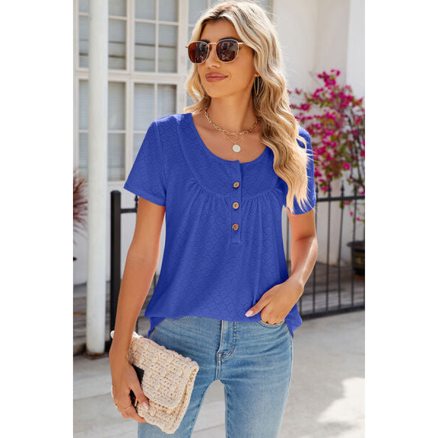 Eyelet Quarter Button Short Sleeve T - Shirt Apparel and Accessories