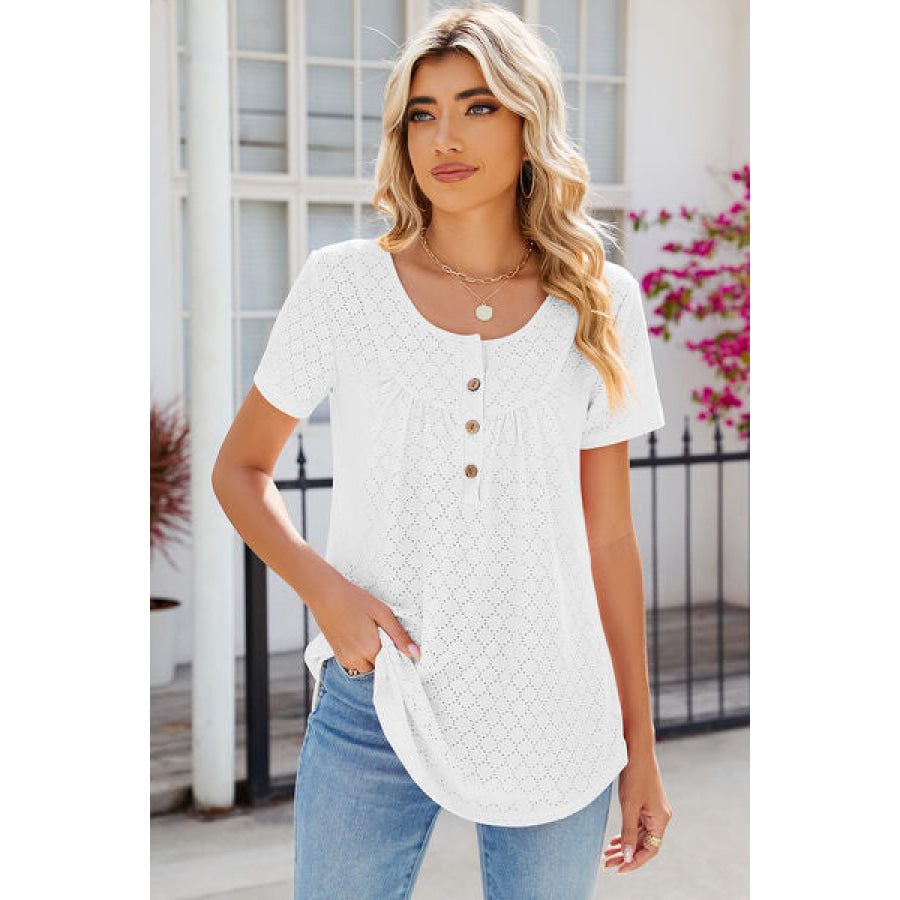 Eyelet Quarter Button Short Sleeve T - Shirt Apparel and Accessories