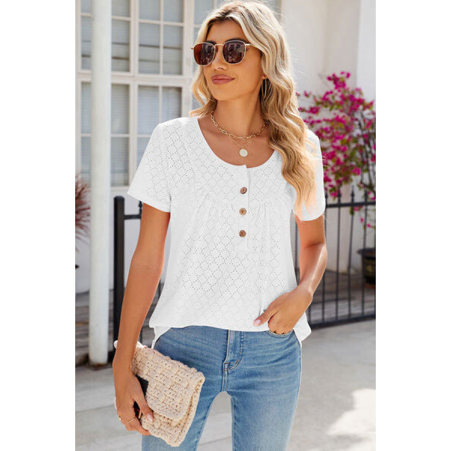 Eyelet Quarter Button Short Sleeve T - Shirt Apparel and Accessories