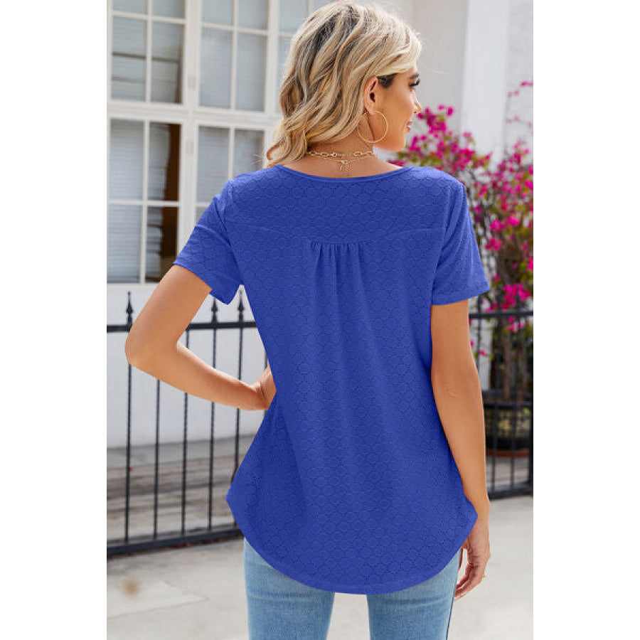 Eyelet Quarter Button Short Sleeve T - Shirt Ultra marine / S Apparel and Accessories