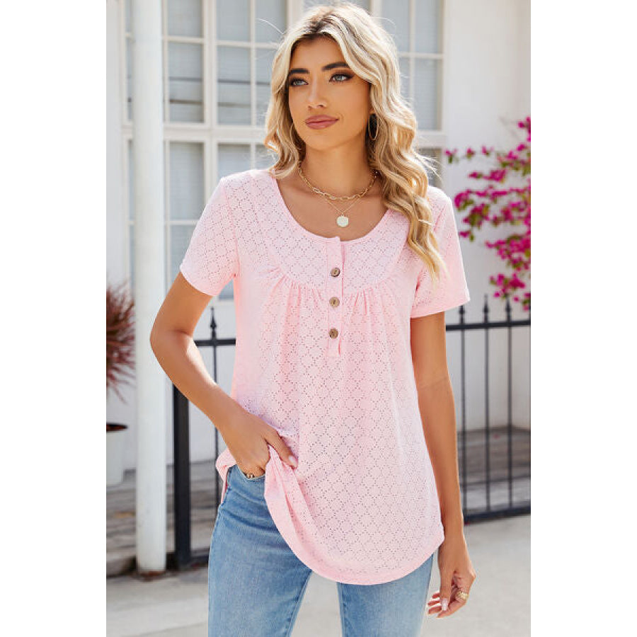 Eyelet Quarter Button Short Sleeve T - Shirt Apparel and Accessories