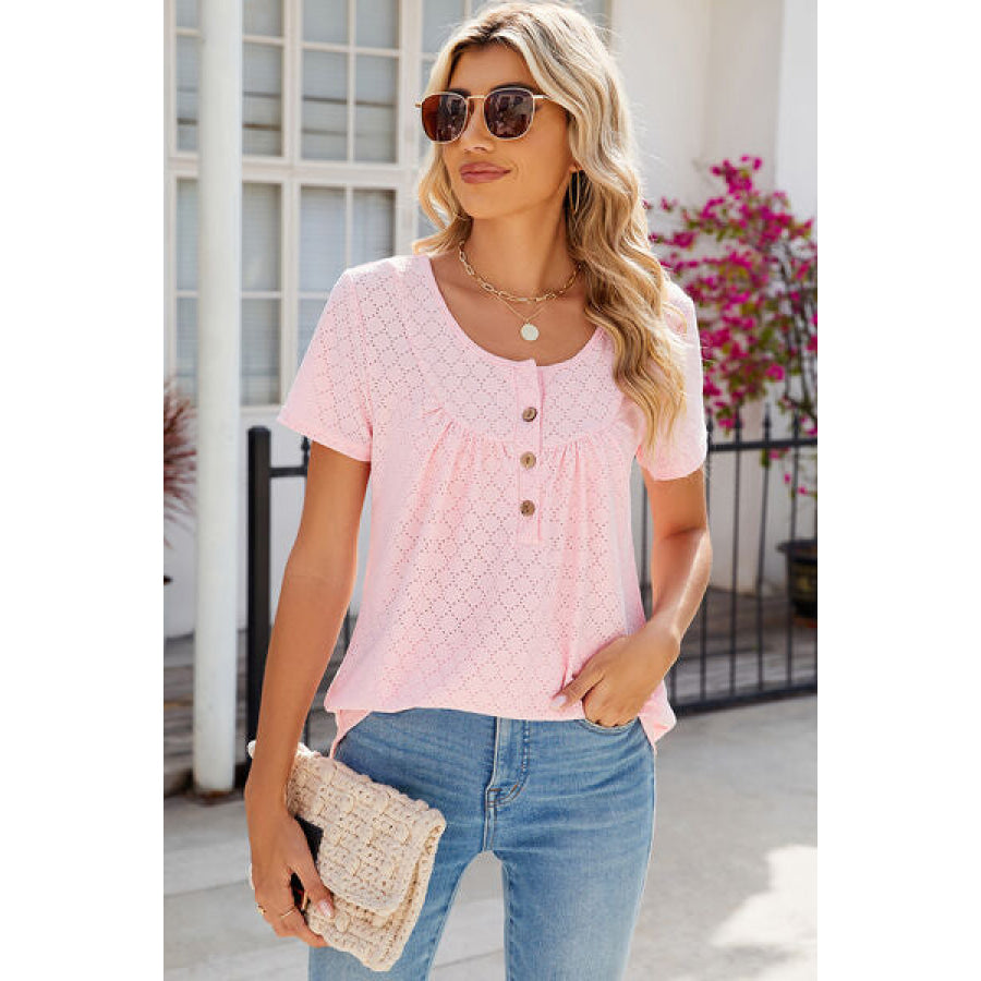 Eyelet Quarter Button Short Sleeve T - Shirt Apparel and Accessories