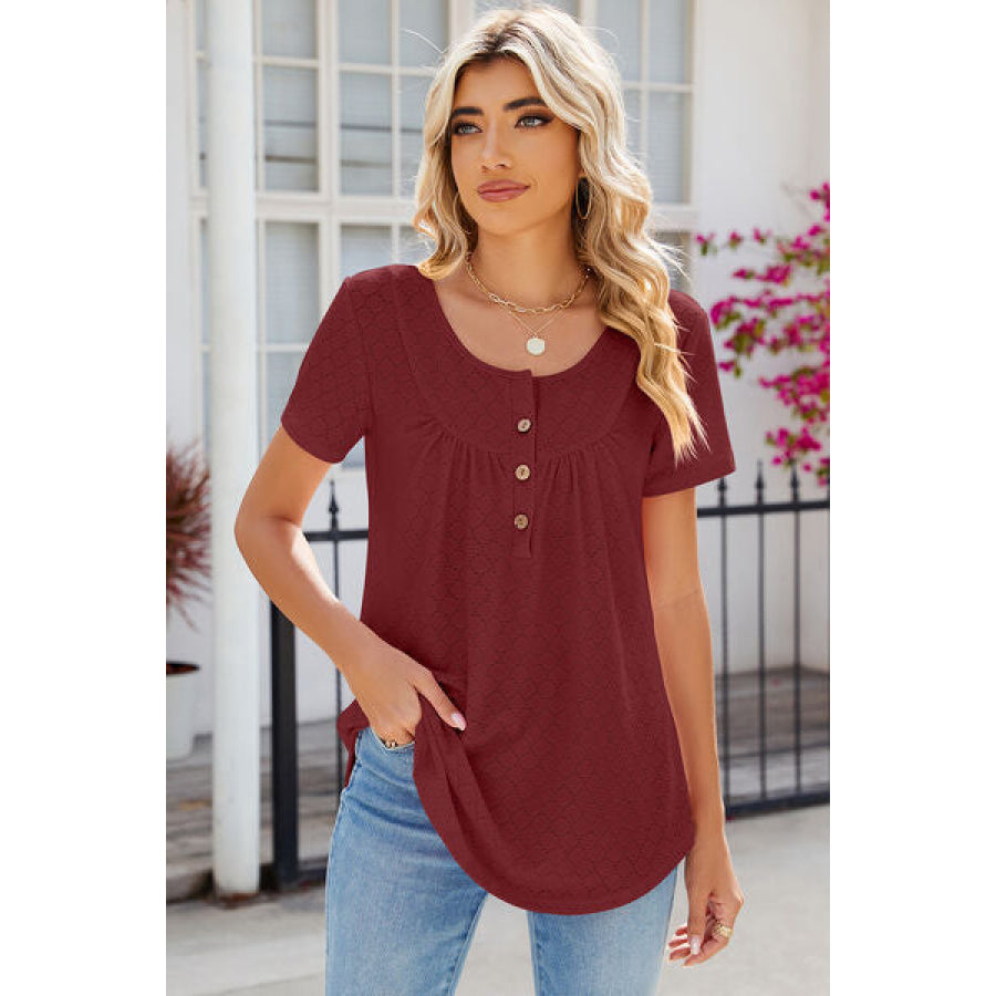 Eyelet Quarter Button Short Sleeve T - Shirt Apparel and Accessories