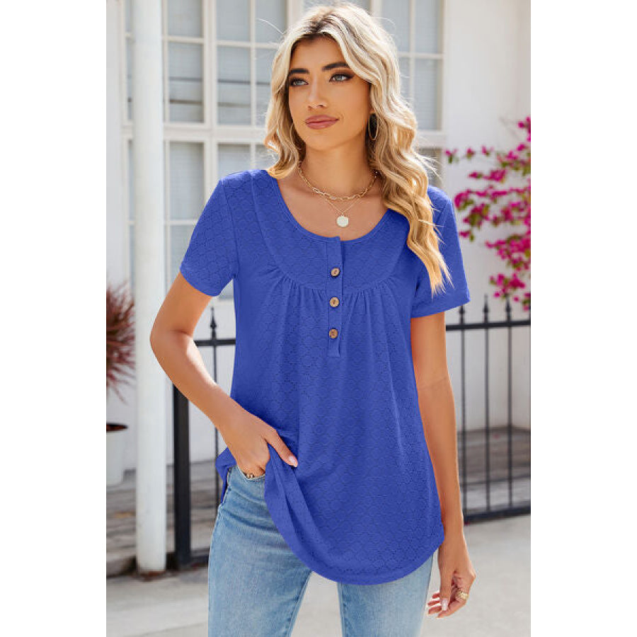 Eyelet Quarter Button Short Sleeve T - Shirt Apparel and Accessories