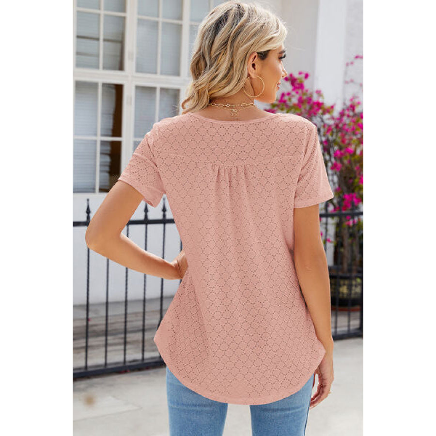 Eyelet Quarter Button Short Sleeve T - Shirt Apparel and Accessories