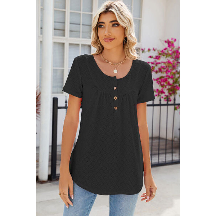 Eyelet Quarter Button Short Sleeve T - Shirt Black / S Apparel and Accessories