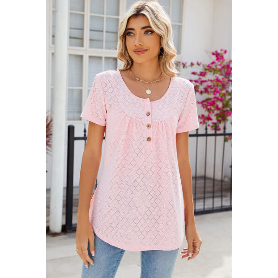 Eyelet Quarter Button Short Sleeve T - Shirt Blush Pink / S Apparel and Accessories