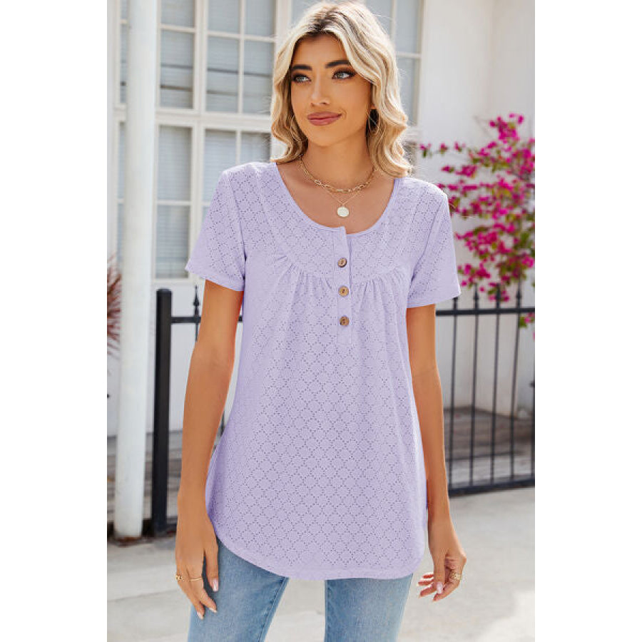 Eyelet Quarter Button Short Sleeve T - Shirt Lavender / S Apparel and Accessories