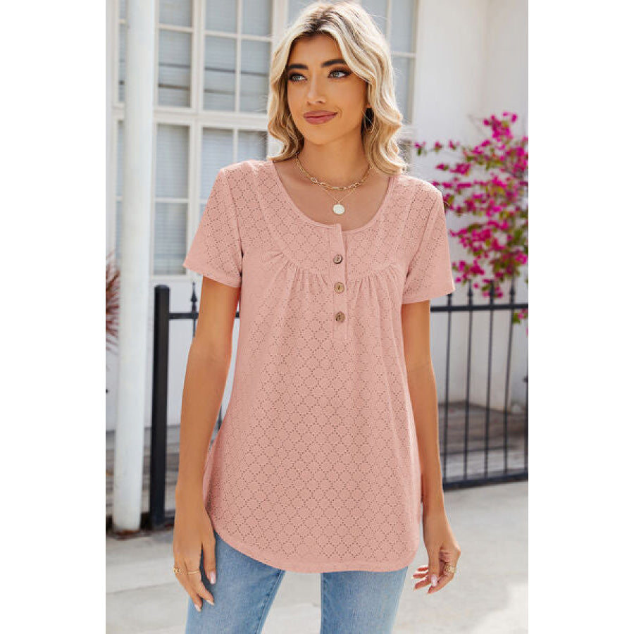Eyelet Quarter Button Short Sleeve T - Shirt Pale Blush / S Apparel and Accessories