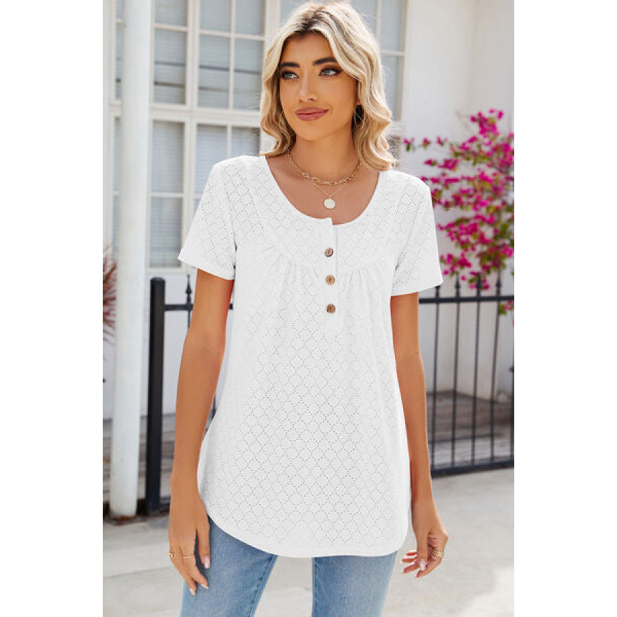 Eyelet Quarter Button Short Sleeve T - Shirt White / S Apparel and Accessories