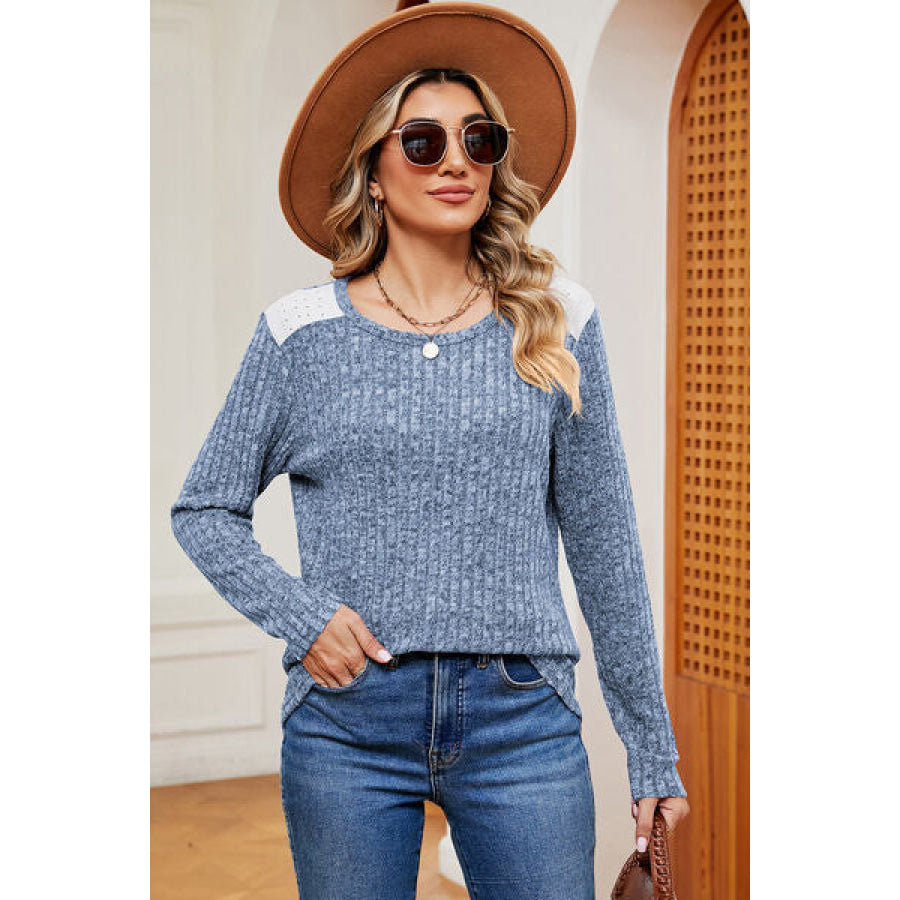 Eyelet Ribbed Round Neck Long Sleeve T - Shirt Apparel and Accessories