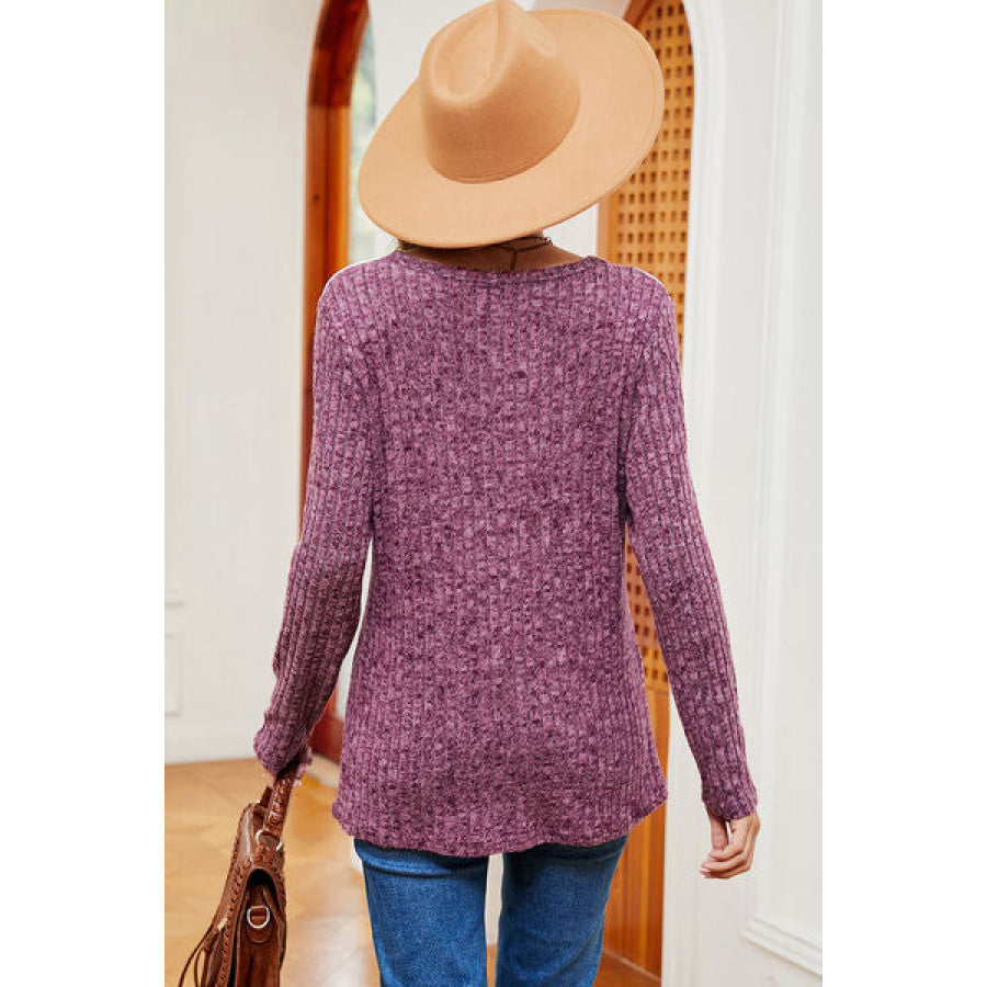 Eyelet Ribbed Round Neck Long Sleeve T - Shirt Apparel and Accessories