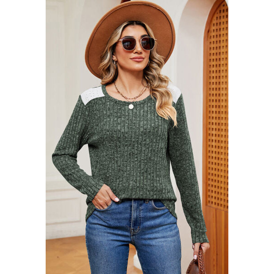 Eyelet Ribbed Round Neck Long Sleeve T - Shirt Apparel and Accessories