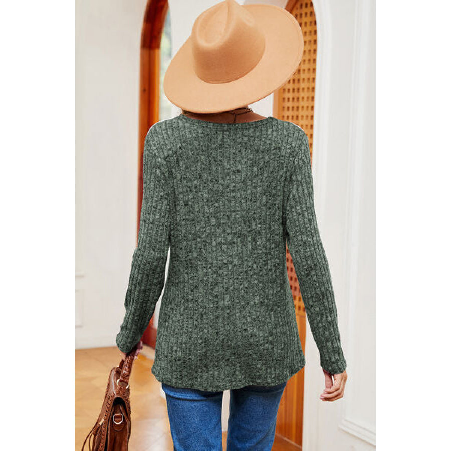 Eyelet Ribbed Round Neck Long Sleeve T - Shirt Apparel and Accessories
