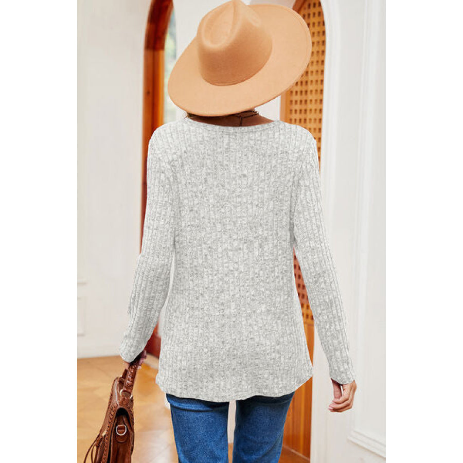 Eyelet Ribbed Round Neck Long Sleeve T - Shirt Apparel and Accessories