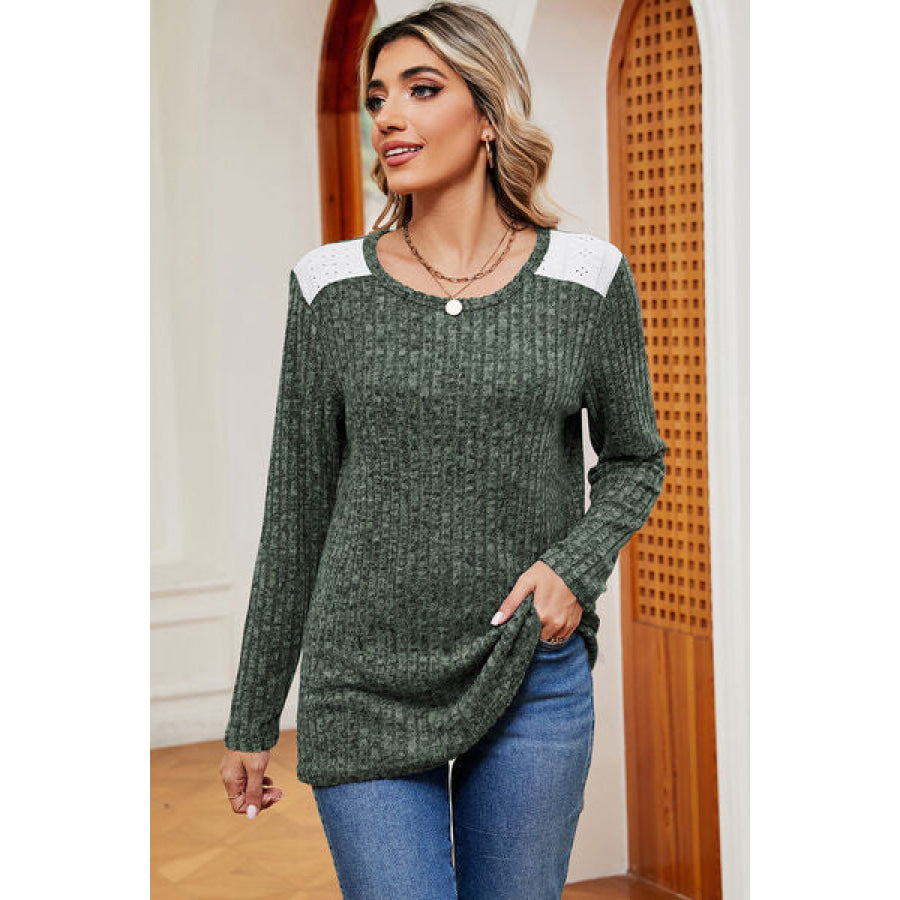 Eyelet Ribbed Round Neck Long Sleeve T - Shirt Apparel and Accessories